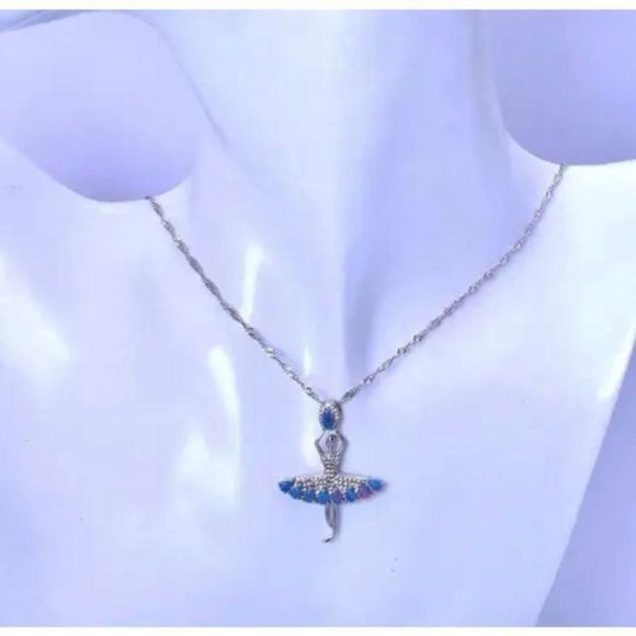 STUNNING WHITE OPAL N SAPPHIRE ON SILVER BALLERINA NECKLACE - Picture 7 of 8